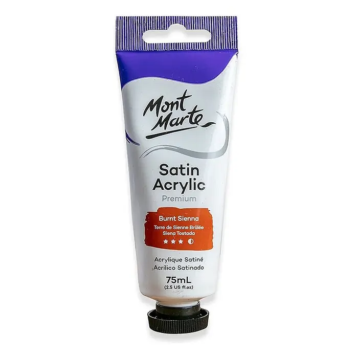 Mont Marte Acrylfarbe Premium - Gebrannte Siena, 75 ml, Tube - Mont Marte Satin Acryl Premium Farbtube, 75ml, in Siena gebrannt, mit lila Oberseite und schwarzer Kappe.