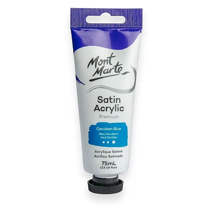 Mont Marte Acrylfarbe Premium - Zeruleanblau, 75 ml, Tube - Mont Marte Satin Acrylfarbe Tube in Cerulean Blue, 75ml.