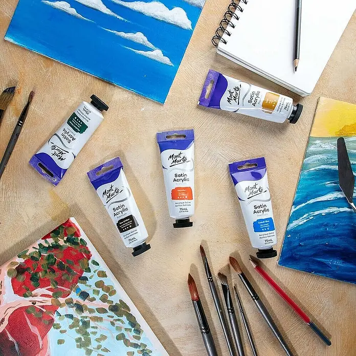 Mont Marte Acrylfarbe Premium - Zinnoberrot, 75 ml, Tube - Mont Marte Satin Acrylfarben in Tuben, Pinsel und unfertige Gemälde.