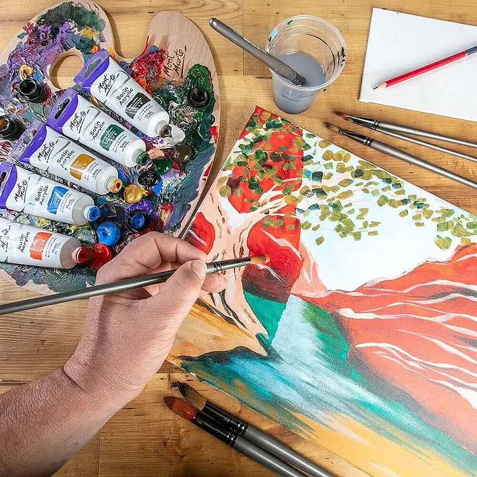 Mont Marte Acrylfarbe Premium - Zinnoberrot, 75 ml, Tube - Mont Marte Satin Acrylfarben, Palette und Pinsel werden verwendet, um ein lebendiges Kunstwerk auf Leinwand zu gestalten.