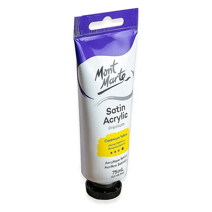 Mont Marte Acrylfarbe Premium - Kadmiumgelb, 75 ml, Tube - Mont Marte Satin Acrylfarben-Tube, Kadmiumgelb, 75ml, mit lila Oberseite und schwarzer Kappe.