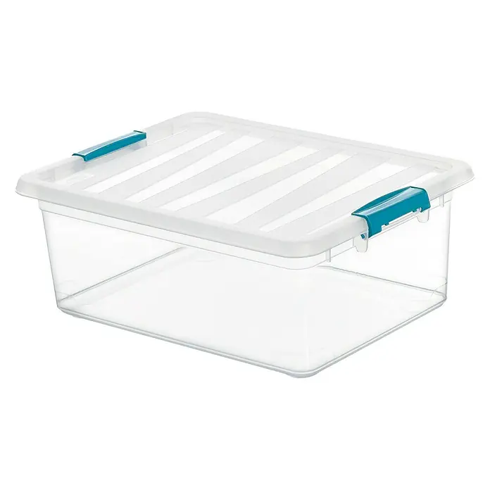 Caja de almacenaje Katla - 39 x 29 x 15,5 cm, 12 l, Con tapa, Plástico - Un contenedor de almacenamiento de plástico transparente con cierres azul verdoso y una tapa blanca, perfecto para organizar y guardar cosas.