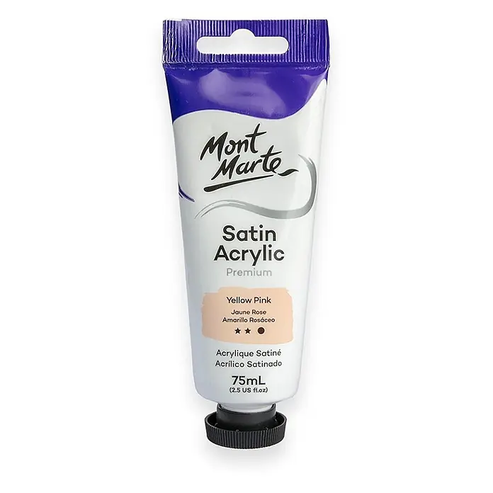 Mont Marte Acrylfarbe Premium - Gelbrosa, 75 ml, Tube - Mont Marte Satin Acrylfarbe Tube, 75ml, in Gelb Rosa. Weiße Tube mit lila Oberseite und schwarzer Kappe.