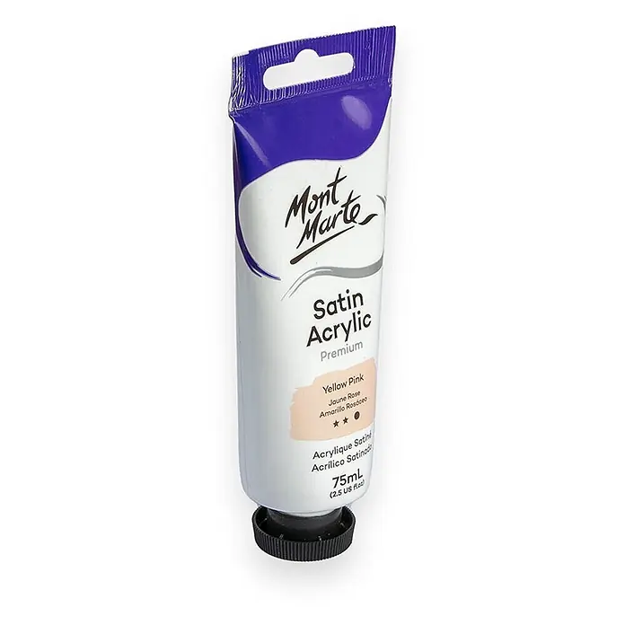 Mont Marte Acrylfarbe Premium - Gelbrosa, 75 ml, Tube - Eine 75ml Mont Marte Satin-Acrylfarbe in Gelbrosa, mit schwarzem Deckel und Aufhängeloch oben.