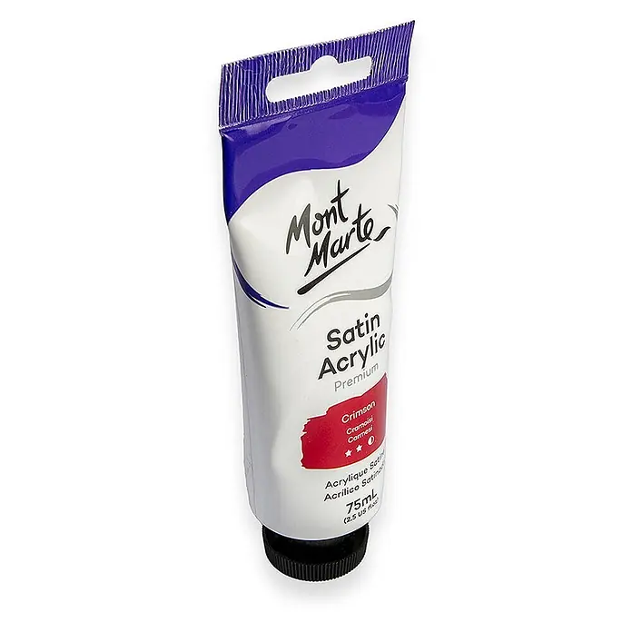 Mont Marte Acrylfarbe Premium - Karminrot, 75 ml, Tube - Mont Marte Satin Acrylic Premium Farbtube in Karmesinrot (75ml) mit lila Oberseite und Aufhängelasche.