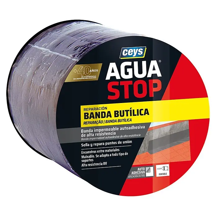 Ceys Adhesivo para alumino butílica impermeable Agua Stop - Gris, 10 m x 15 cm - Rollo de cinta butílica impermeable Ceys Agua Stop, autoadhesiva y pintable, gris plata metálico.