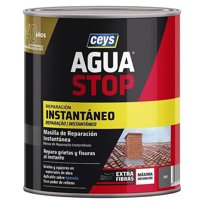 Ceys Masilla Agua Stop Impermeable - Gris oscuro, 1 kg - Bote de masilla de reparación gris CeyS Agua STOP Instantáneo con fibras extra para sellar grietas y agujeros al instante, incluso en húmedo.