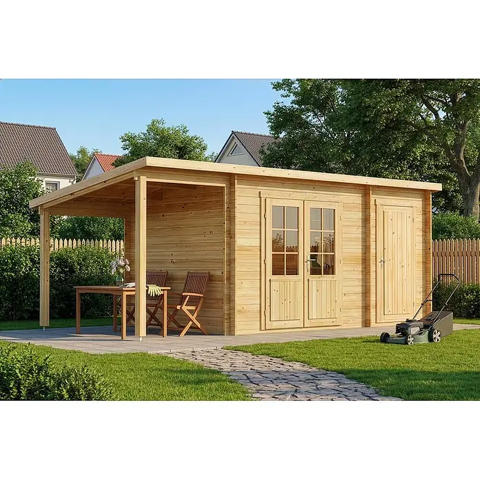 Alpholz Gartenhaus Maria - Außenmaß inkl. Dachüberstand (B x T): 598 x 272 cm, Holz, Naturbelassen - Gartenhaus aus Holz mit integrierter Veranda und Sitzgelegenheit, umgeben von einem üppigen Garten.