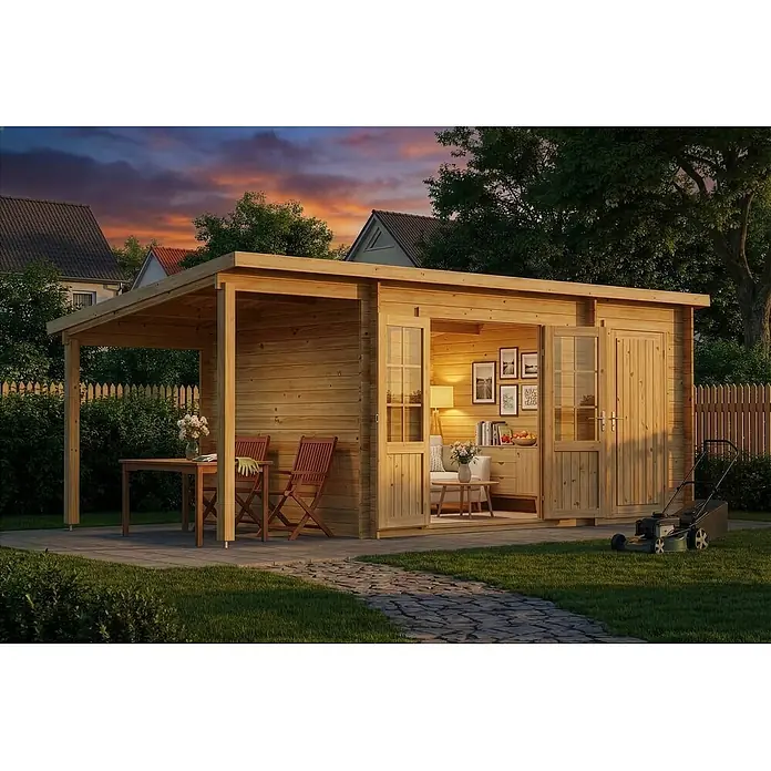 Alpholz Gartenhaus Maria - Außenmaß inkl. Dachüberstand (B x T): 598 x 272 cm, Holz, Naturbelassen - Helles Holzgartenhaus mit offener Veranda links, bietet Sitzbereich im Freien und beleuchteten Innenwohnbereich.