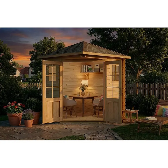Alpholz Gartenhaus ECO Set Sunny A - Außenmaß inkl. Dachüberstand (B x T): 220 x 220 cm, Holz, Naturbelassen - Gartenhaus aus Naturholz, offen mit Sitzgelegenheiten und Tisch, in einem gemütlichen Garten bei Sonnenuntergang.