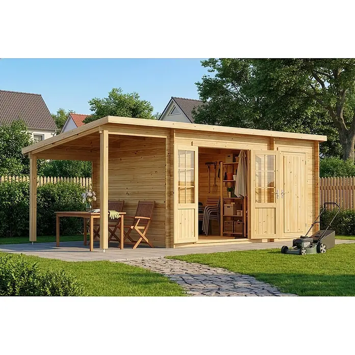 Alpholz Gartenhaus Maria - Außenmaß inkl. Dachüberstand (B x T): 598 x 272 cm, Holz, Naturbelassen - Natürliches Holz-Gartenhaus mit integrierter offener Pergola, im Garten mit Gartenmöbeln und Werkzeugen.