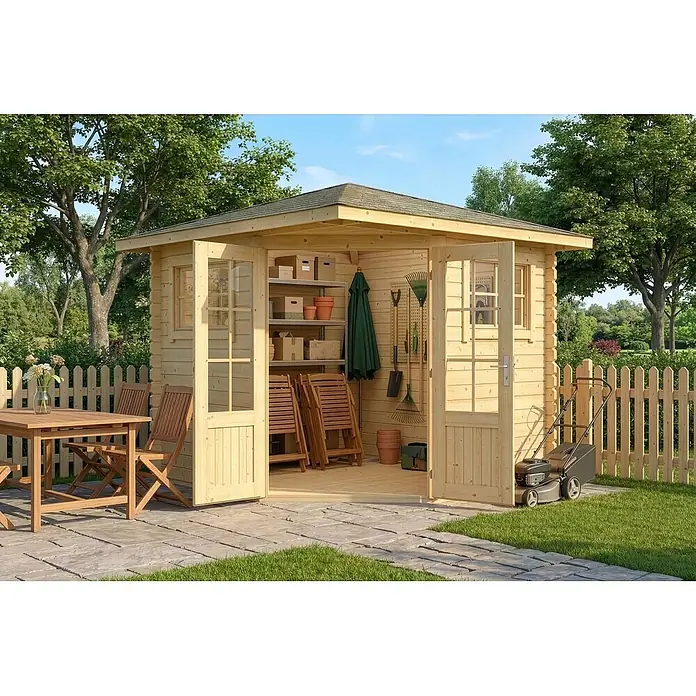 Alpholz Gartenhaus Sunny B - Außenmaß inkl. Dachüberstand (B x T): 269 x 269 cm, Holz, Naturbelassen - Ein heller Holzgartenhaus mit offenen Türen, das Gartengeräte, Regale und Klappstühle zeigt, neben einer Terrasse mit Esstisch.