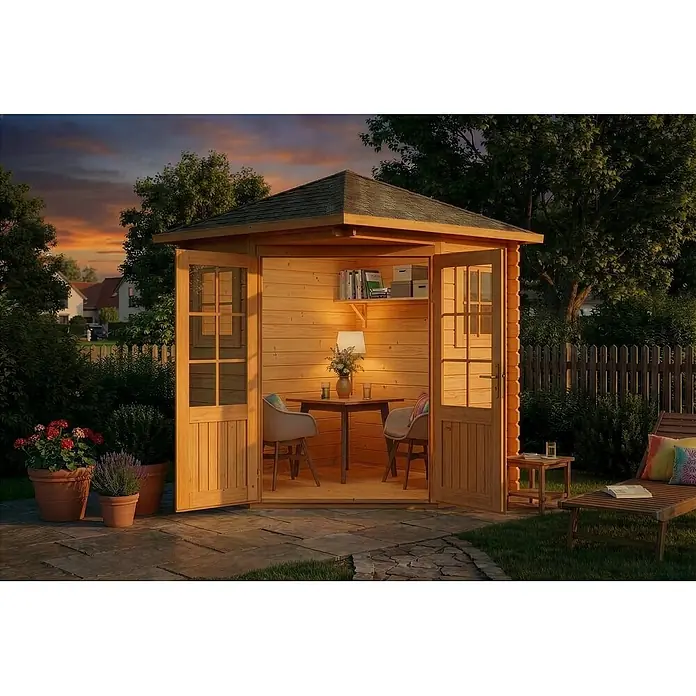 Alpholz Gartenhaus Sunny A - Außenmaß inkl. Dachüberstand (B x T): 220 x 220 cm, Holz, Pinie - Gemütliches Gartenhaus aus Holz mit offenen Türen, innen möbliert und im Garten bei Sonnenuntergang für einen entspannten Rückzugsort.