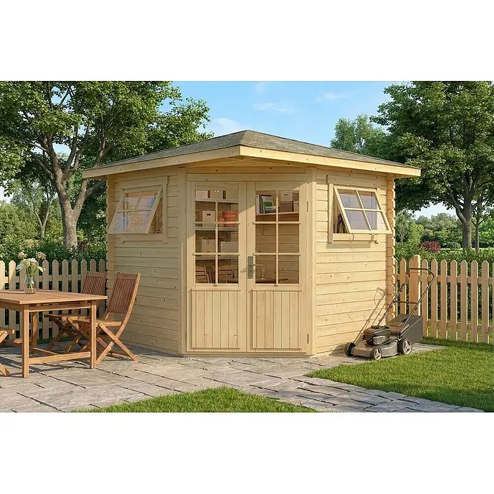Alpholz Gartenhaus Sunny B - Außenmaß inkl. Dachüberstand (B x T): 269 x 269 cm, Holz, Naturbelassen - Helle Holzgartenhütte mit mehreren Fenstern und Doppeltüren auf einer gepflasterten Terrasse in einem Garten mit Rasenmäher.