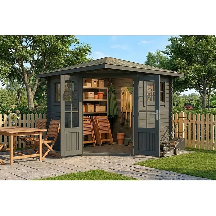 Alpholz Gartenhaus Sunny B - Außenmaß inkl. Dachüberstand (B x T): 269 x 269 cm, Holz, Grau - Dunkelgraues Holzgartenhaus mit offenen Flügeltüren, Regalen, Gartengeräten und Klappstühlen.