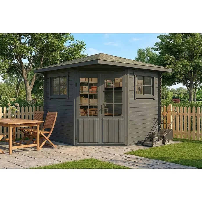 Alpholz Gartenhaus Sunny B - Außenmaß inkl. Dachüberstand (B x T): 269 x 269 cm, Holz, Grau - Dunkelgrauer Holz-Gartenschuppen mit doppelten Glastüren und Fenstern, auf einer Terrasse neben Gartenmöbeln und Rasenmäher.