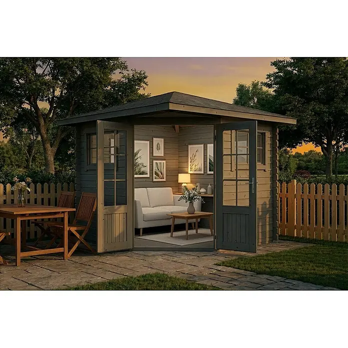 Alpholz Gartenhaus Sunny B - Außenmaß inkl. Dachüberstand (B x T): 269 x 269 cm, Holz, Grau - Geräumiges Holzgartenhaus in Dunkelgrau, mit Sofa und Couchtisch möbliert, öffnet sich auf eine Terrasse mit Essgarnitur.