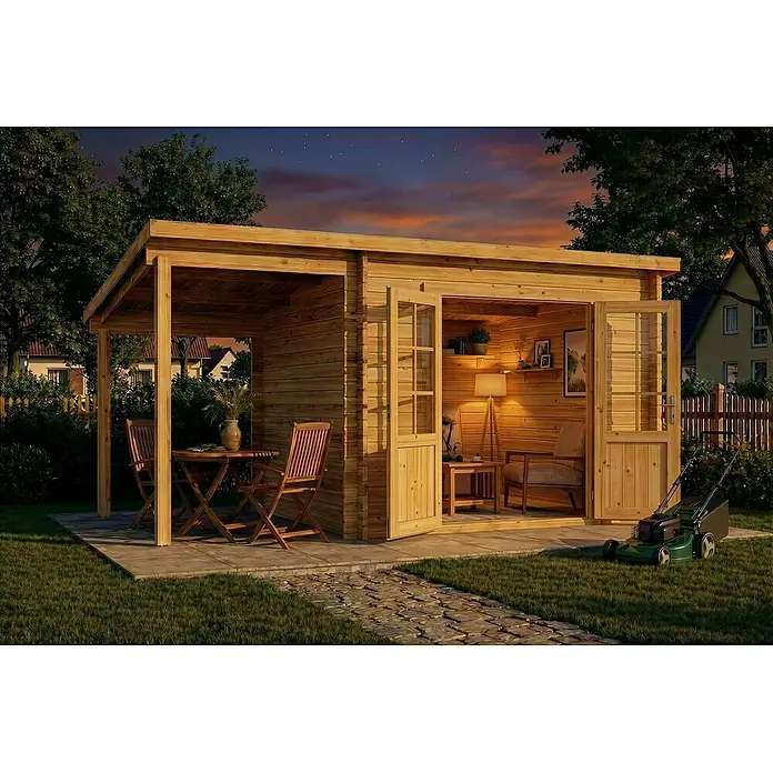 Alpholz Gartenhaus Maria - Außenmaß inkl. Dachüberstand (B x T): 450 x 272 cm, Holz, Naturbelassen - Gemütliches Gartenhaus aus Holz mit angebauter Terrasse, ideal für Outdoor-Wohnen und Gartenlagerung.
