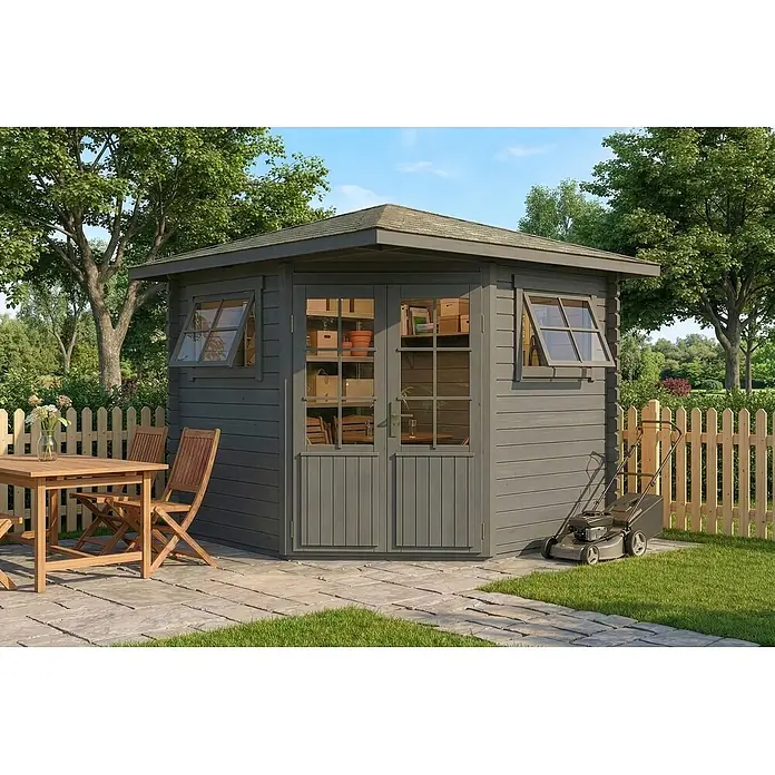 Alpholz Gartenhaus Sunny B - Außenmaß inkl. Dachüberstand (B x T): 269 x 269 cm, Holz, Grau - Grauer Holzgartenpavillon mit offenen Fenstern und Doppeltüren, auf einer Terrasse in einem grünen Garten.