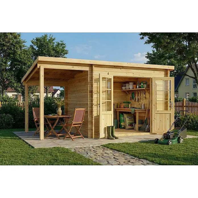 Alpholz Gartenhaus Maria - Außenmaß inkl. Dachüberstand (B x T): 450 x 272 cm, Holz, Naturbelassen - Gartenschuppen aus hellem Holz mit integrierter Terrasse, bietet Stauraum und Sitzgelegenheiten.