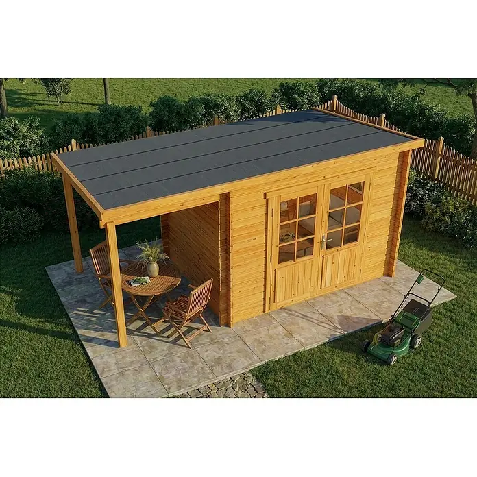 Alpholz Gartenhaus Maria 40mm Wandstärke - Außenmaß inkl. Dachüberstand (B x T): 450 x 272 cm, Holz, Pinie - Gartenhaus aus Holz mit dunkelgrauem Flachdach und integrierter überdachter Terrasse.