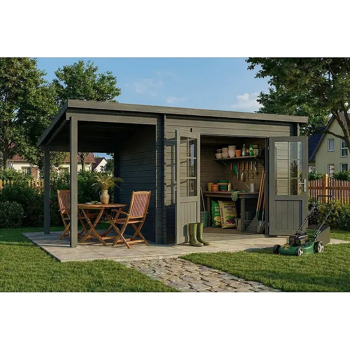 Alpholz Gartenhaus Maria - Außenmaß inkl. Dachüberstand (B x T): 450 x 272 cm, Holz, Grau - Dunkelgraues Holzgartenhaus mit integriertem Pavillon für Lagerung und Sitzgelegenheiten im Garten.
