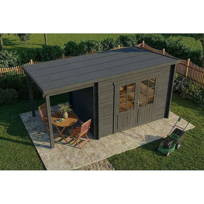 Alpholz Gartenhaus Maria - Außenmaß inkl. Dachüberstand (B x T): 450 x 272 cm, Holz, Grau - Grauer Holzgartenhaus mit integrierter überdachter Terrasse und Gartenmöbeln in einer Gartenumgebung.