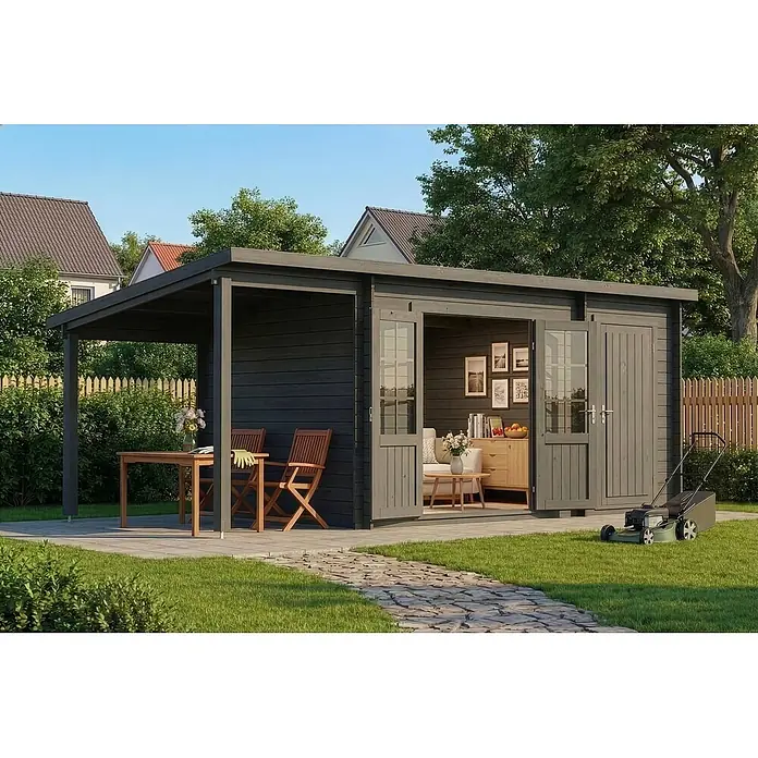 Alpholz Gartenhaus Maria - Außenmaß inkl. Dachüberstand (B x T): 598 x 272 cm, Holz, Grau - Dunkelgraues Gartenhaus aus Holz mit angebauter Pergola, Essbereich und gemütlichem Wohnraum im Grünen.