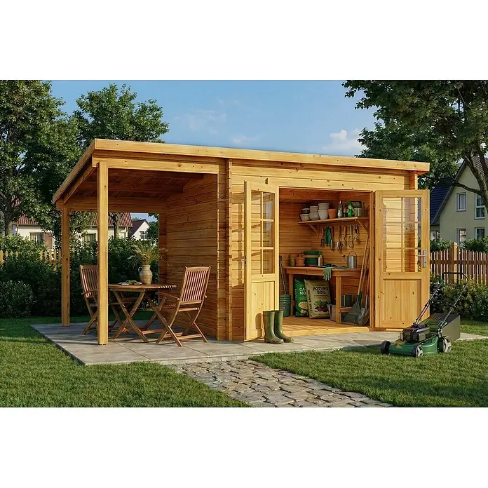 Alpholz Gartenhaus Maria - Außenmaß inkl. Dachüberstand (B x T): 450 x 272 cm, Holz, Pinie - Gartenhaus aus Holz mit integrierter Pergola, Sitzbereich und Pflanztisch.
