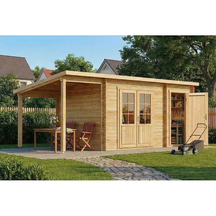 Alpholz Gartenhaus Maria - Außenmaß inkl. Dachüberstand (B x T): 598 x 272 cm, Holz, Naturbelassen - Helles Gartenhaus aus Holz mit Pergola, Sitzbereich und Stauraum für Gartengeräte.