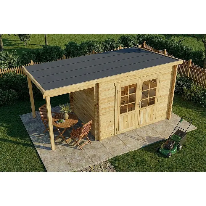Alpholz Gartenhaus Maria - Außenmaß inkl. Dachüberstand (B x T): 450 x 272 cm, Holz, Naturbelassen - Gartenhaus aus hellem Holz mit dunklem Flachdach und integriertem Seitenanbau, doppelte Glastüren und gepflasterte Terrasse.