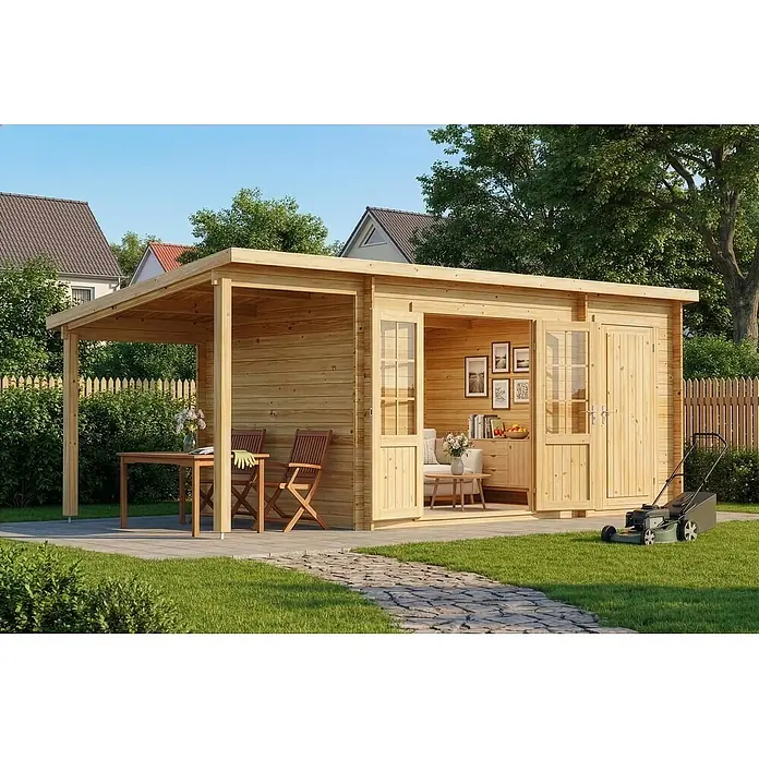 Alpholz Gartenhaus Maria - Außenmaß inkl. Dachüberstand (B x T): 598 x 272 cm, Holz, Naturbelassen - Ein Holzgartenhaus mit integrierter überdachter Terrasse, das als Außenlounge und Stauraum in einem sonnigen Garten dient.