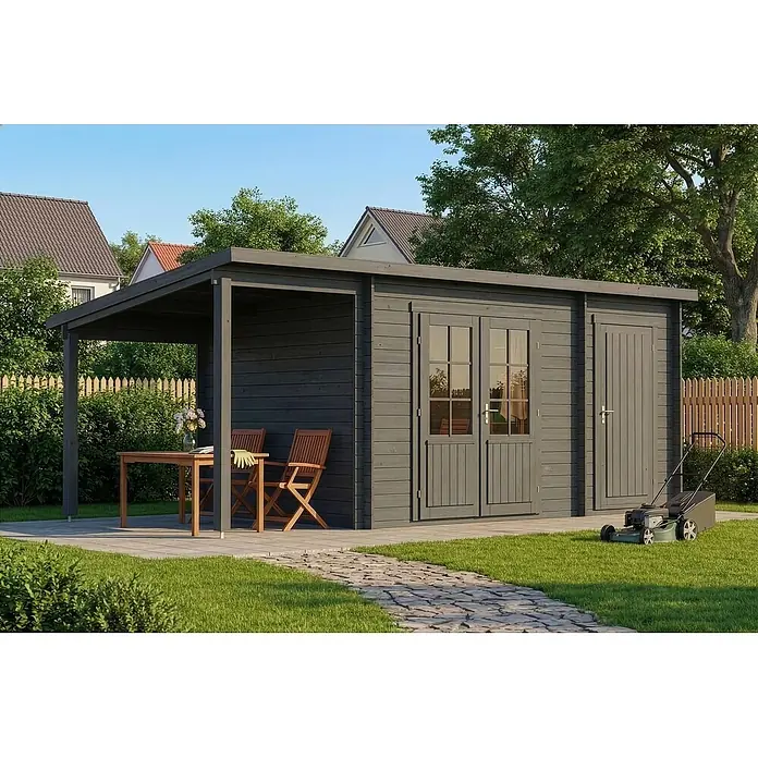 Alpholz Gartenhaus Maria - Außenmaß inkl. Dachüberstand (B x T): 598 x 272 cm, Holz, Grau - Dunkelgraues Holzgartenhaus mit Anbau-Pavillon, Glastüren und Zusatztür, auf einer Terrasse im Garten.