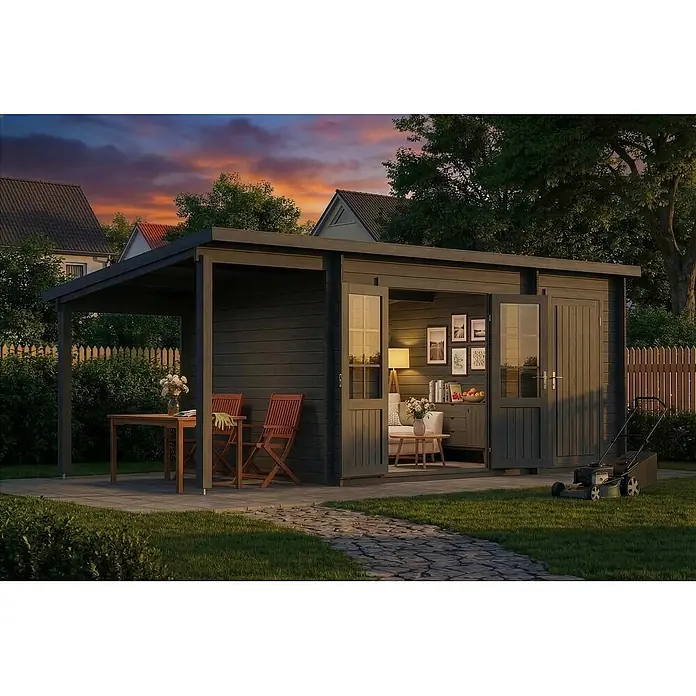 Alpholz Gartenhaus Maria - Außenmaß inkl. Dachüberstand (B x T): 598 x 272 cm, Holz, Grau - Dunkelgraues Holzgartenhaus mit überdachtem Sitzbereich, als gemütliche Outdoor-Lounge und Erholungsort.