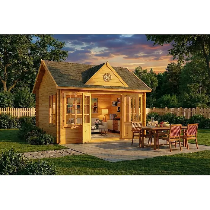 Alpholz Gartenhaus CLOCKHOUSE® 28mm Wandstärke - Außenmaß inkl. Dachüberstand (B x T): 440 x 340 cm, Holz, Pinie - Gemütliche Holzgartenhütte mit offenen Doppeltüren, die einen möblierten Innenraum zeigen, auf einer Terrasse mit Esstisch im Garten.