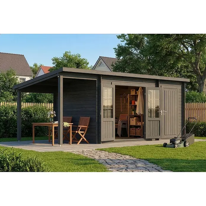 Alpholz Gartenhaus Maria - Außenmaß inkl. Dachüberstand (B x T): 598 x 272 cm, Holz, Grau - Dunkelgraues Holzgartenhaus mit Anbau, bietet Sitzgelegenheiten und Werkzeuglagerung im Garten.