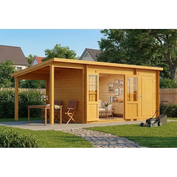 Alpholz Gartenhaus Maria - Außenmaß inkl. Dachüberstand (B x T): 598 x 272 cm, Holz, Pinie - Helles Holzgartenhaus mit überdachter Terrasse und separatem Innenraum, ideal für Gartenwohnen oder Lagerung, in einem sonnigen Garten.