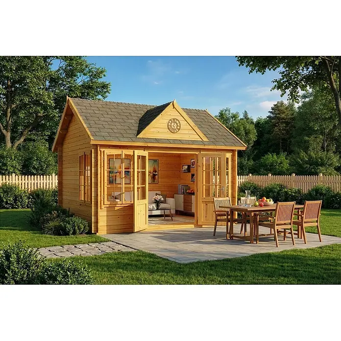 Alpholz Gartenhaus CLOCKHOUSE® 28mm Wandstärke - Außenmaß inkl. Dachüberstand (B x T): 440 x 340 cm, Holz, Pinie - Gartencabine aus Naturholz mit Terrasse und Gartenmöbeln, die einen einladenden Wohnbereich im Freien bietet.