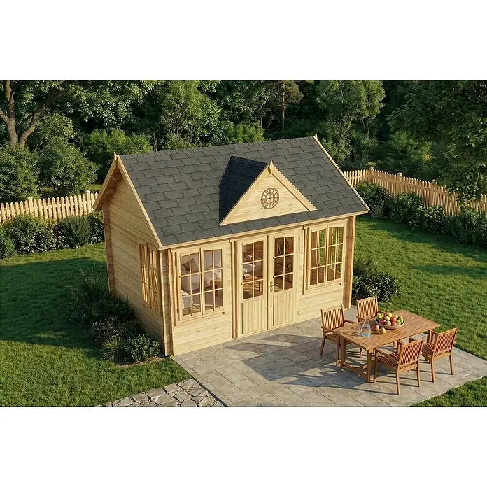 Alpholz Gartenhaus CLOCKHOUSE® - Außenmaß inkl. Dachüberstand (B x T): 440 x 340 cm, Holz, Naturbelassen - Gartenhaus aus Holz mit dunklen Dachschindeln und Terrasse mit Essgruppe.