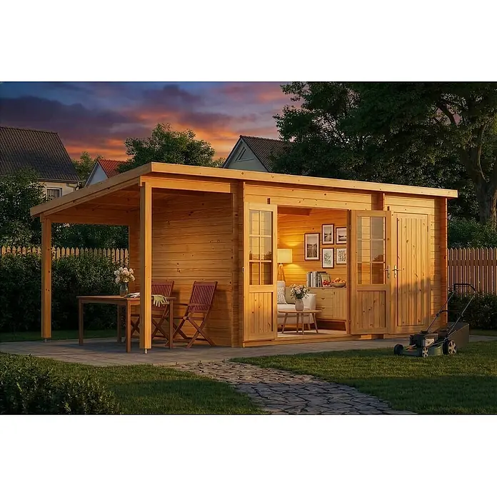 Alpholz Gartenhaus Maria - Außenmaß inkl. Dachüberstand (B x T): 598 x 272 cm, Holz, Pinie - Geräteschuppen aus Holz mit überdachter Terrasse, Wohnbereich innen, im Garten.