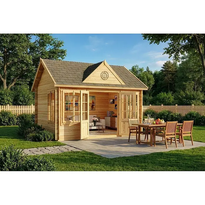 Alpholz Gartenhaus CLOCKHOUSE® - Außenmaß inkl. Dachüberstand (B x T): 440 x 340 cm, Holz, Naturbelassen - Gartenhaus aus Naturholz mit grauem Schindeldach, Terrasse und Essgruppe im Freien.