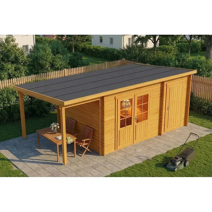 Alpholz Gartenhaus Maria - Außenmaß inkl. Dachüberstand (B x T): 598 x 272 cm, Holz, Pinie - Helles Gartenhaus aus Holz mit schwarzem Flachdach, integrierter Pergola mit Tisch und Stühlen und separatem Abstellraum auf gepflasterter Terrasse.