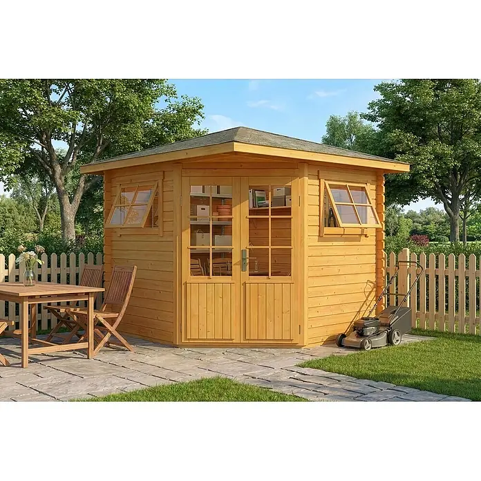 Alpholz Gartenhaus Sunny B - Außenmaß inkl. Dachüberstand (B x T): 269 x 269 cm, Holz, Pinie - Helles Holzgartenhaus mit Doppeltür und Fenstern, als Lager im Garten genutzt.