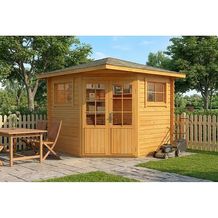 Alpholz Gartenhaus Sunny B - Außenmaß inkl. Dachüberstand (B x T): 269 x 269 cm, Holz, Pinie - Helles hölzernes Garten-Eckhaus mit Fenstern und Doppeltüren, auf einer Terrasse.
