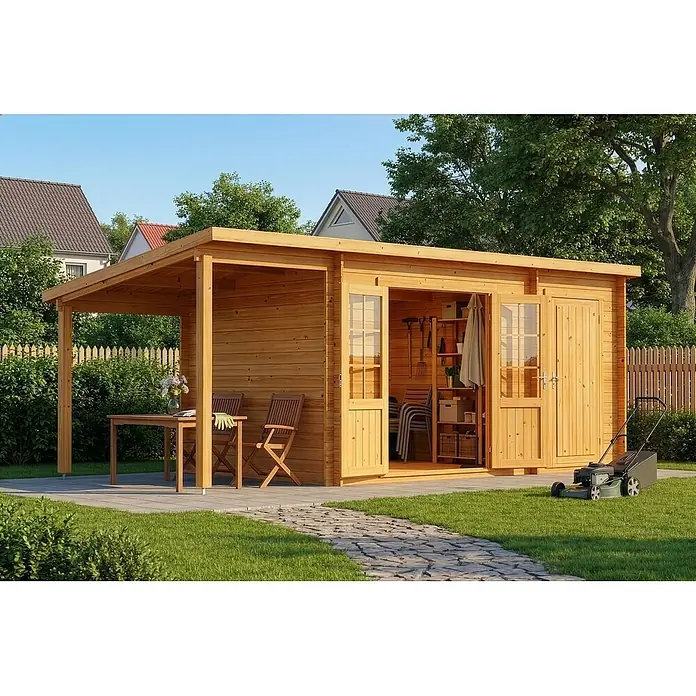 Alpholz Gartenhaus Maria - Außenmaß inkl. Dachüberstand (B x T): 598 x 272 cm, Holz, Pinie - Gartenhaus aus Naturholz mit überdachter Terrasse, ausgestattet für Gartenwerkzeuge und Sitzgelegenheiten im Grünen.