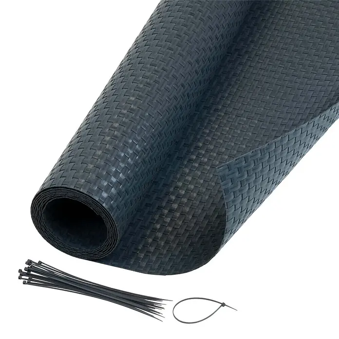Jardinion Sichtschutzelement 5m x 1m Sichtschutzmatte mit Kabelbinder Anthrazit - B x H: 4 x 100 cm, Kunststoff, Anthracite - Gerollte dunkelgraue Matte mit gewebter Textur und einem Stapel schwarzer Kabelbinder.
