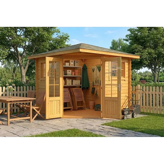 Alpholz Gartenhaus Sunny B - Außenmaß inkl. Dachüberstand (B x T): 269 x 269 cm, Holz, Pinie - Heller Holzgartenschuppen mit offenen Doppeltüren, die Gartengeräte und Ablageregale zeigen. Er steht auf einer gepflasterten Terrasse mit Rasen und Zaun.