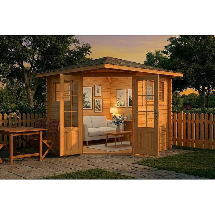 Alpholz Gartenhaus Sunny B - Außenmaß inkl. Dachüberstand (B x T): 269 x 269 cm, Holz, Pinie - Ein Gartenhaus aus hellem Holz, innen mit Sofa und Couchtisch eingerichtet, in einem Garten bei Dämmerung.