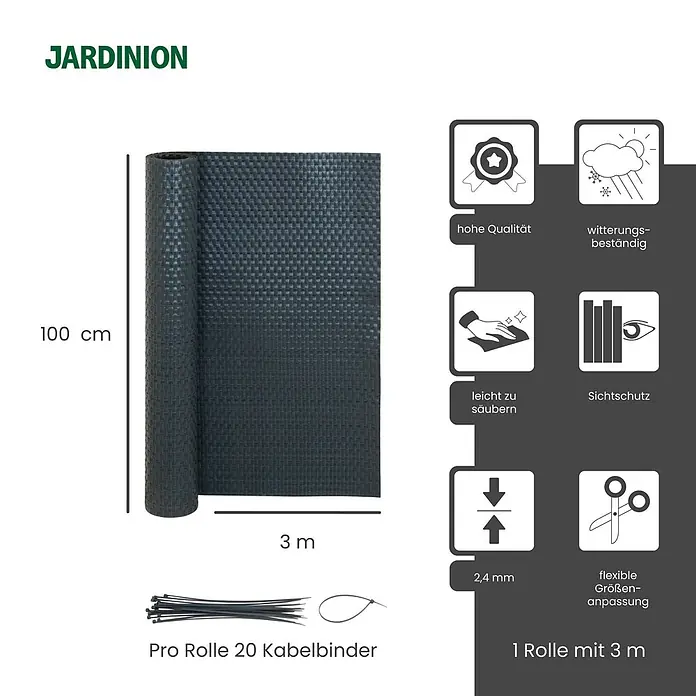 Jardinion Sichtschutzelement 3m x 1m Sichtschutzmatte mit Kabelbinder Anthrazit - B x H: 4 x 100 cm, Kunststoff, Anthracite - Gerollter dunkelgrauer Sichtschutz aus Geflecht, 100cm hoch und 3m lang, mit 20 Kabelbindern abgebildet.
