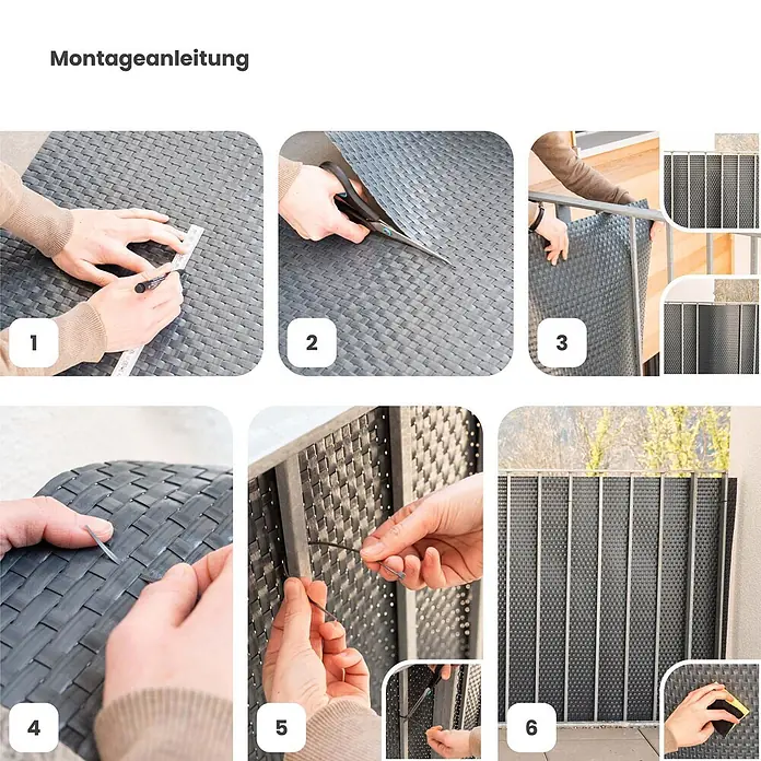 Jardinion Sichtschutzelement 5m x 0,90m Sichtschutzmatte mit Kabelbinder Braun - B x H: 2 x 90 cm, Kunststoff, Braun - Montageanleitung für dunklen, gewebten Sichtschutz. Zeigt Messen, Schneiden und Befestigen an einem Balkongeländer mit Kabelbindern.
